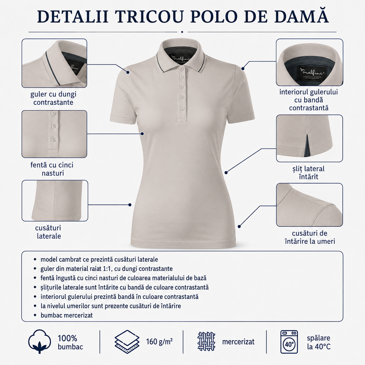 Detalii tricou polo damă Malfini Premium guler cusături nasturi bumbac mercerizat